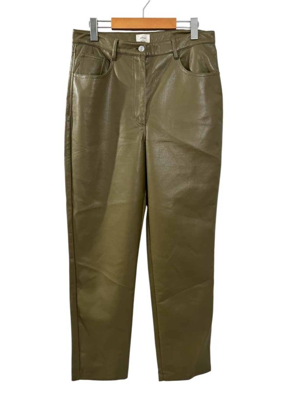 Aritzia Wilfred Olive Green Faux Leather Straight Leg Pants 12 81518
